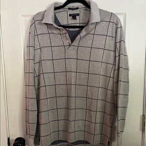 Lands' End Gray Plaid Long Sleeve Polo